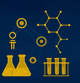 Illustration of beakers with a robotic arm, chemical compound, and test tubes