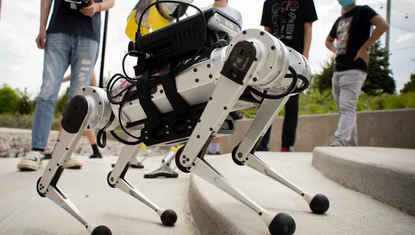 A mini-cheetah out on the Robot Garden at the Ford Motor Company Robotics Building.