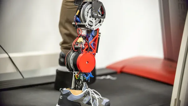 A robotic prosthetic leg.