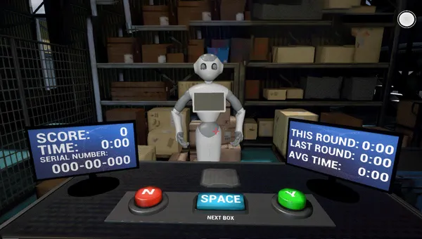 A mechanical arm in a virtual work setting with boxes and working statistics.