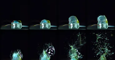 A sequence of eight high-speed photos showing colorful water droplets exploding upward from a tiny soft actuator membrane, captured over just 3 milliseconds.