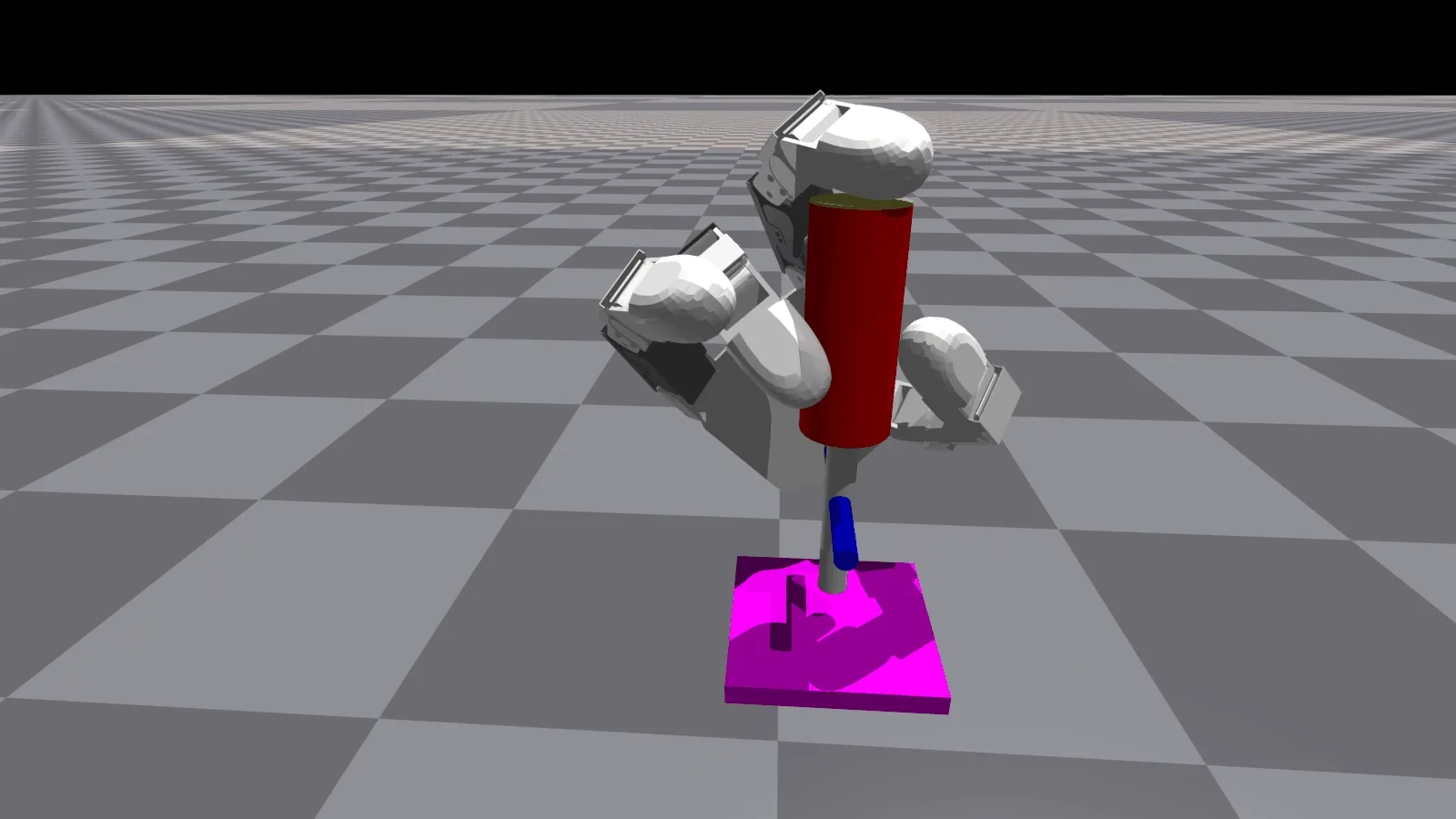 An animation of a simulated dexterous robot hand hovering over a blue peg, catching it as it slips and resetting its grip.