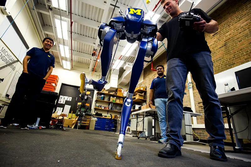 Researchers unbox and test Cassie, Prof. Jessy Grizzle's new robot with serial number 001, in August, 2017.