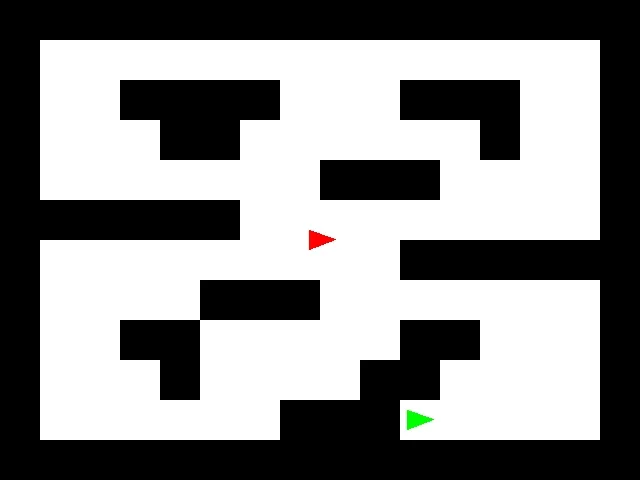 Animation of a robot chasing after a runner robot, using a tree search to minimize a heuristic