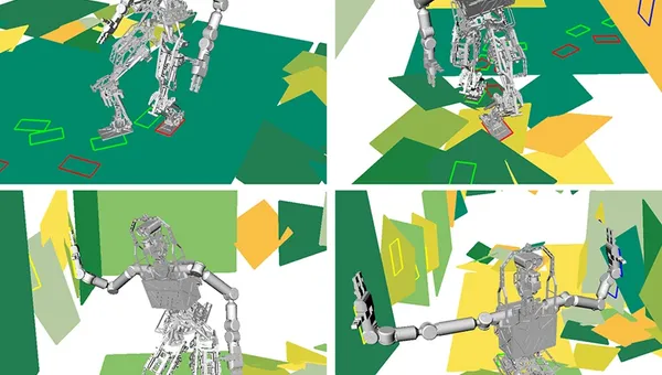 A virtual robot shows different modes of motion, with only feet, with one hand, or with both, as it traverses rough terrain.