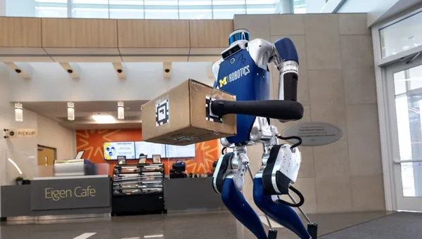 A Digit robot stands in the Ford Motor Company Robotics Building