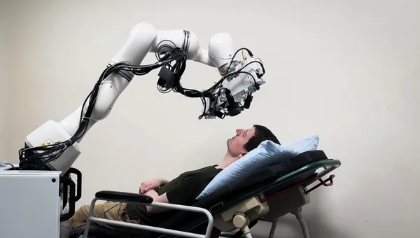 A research subject reclined on an exam bed with the eye imaging machine held in the proper place with a robot arm.