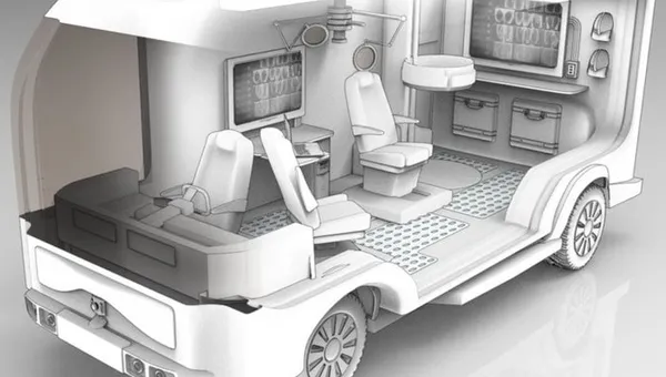 An illustration shows a vehicle roughly the size of a shuttle bus equipped with a chair for examinations and procedures, ceiling lights on adjustable arms, cabinets, screens, a desk, and other furnishings similar to a doctor's office.