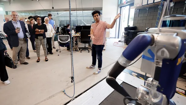 Ram Vasudevan presents legged robotics research to the President's Council of Advisors on Science and Technology.