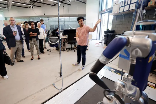 Ram Vasudevan presents legged robotics research to the President's Council of Advisors on Science and Technology.