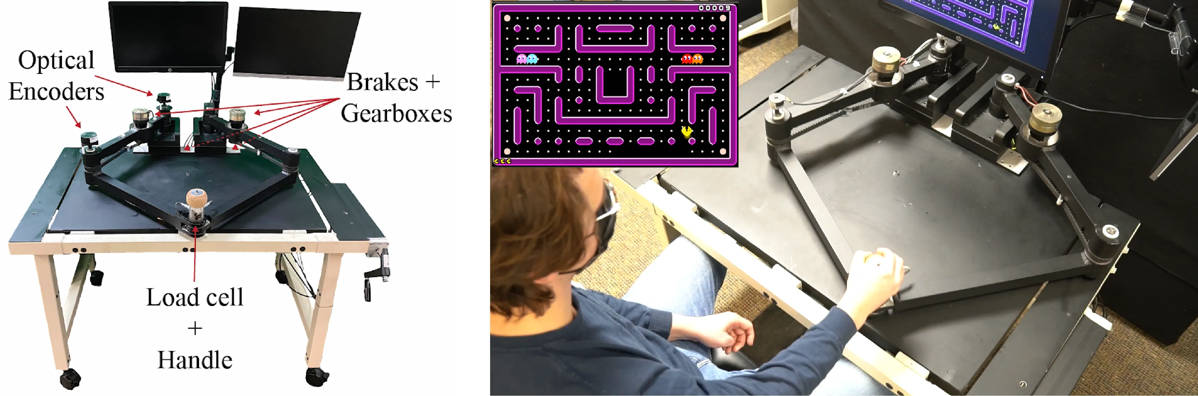 SepaRRo, two control sticks attach to a single knob that the user holds, guiding Pacman around a maze on monitors in front of the device.