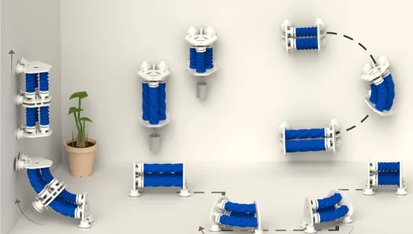 Several renders of the SPARC robot as it travels precisely along paths on the ground, transitions to climbing walls, and travels along the wall with and without a payload.